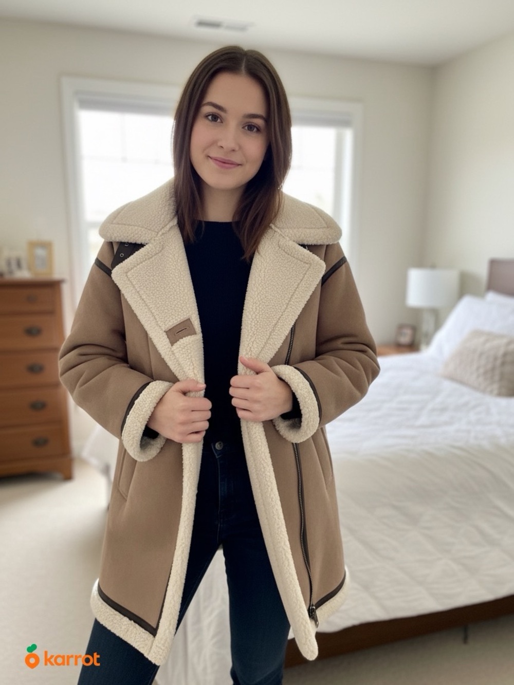 Zara Tan Pea Coat with Cream Shearling Trim